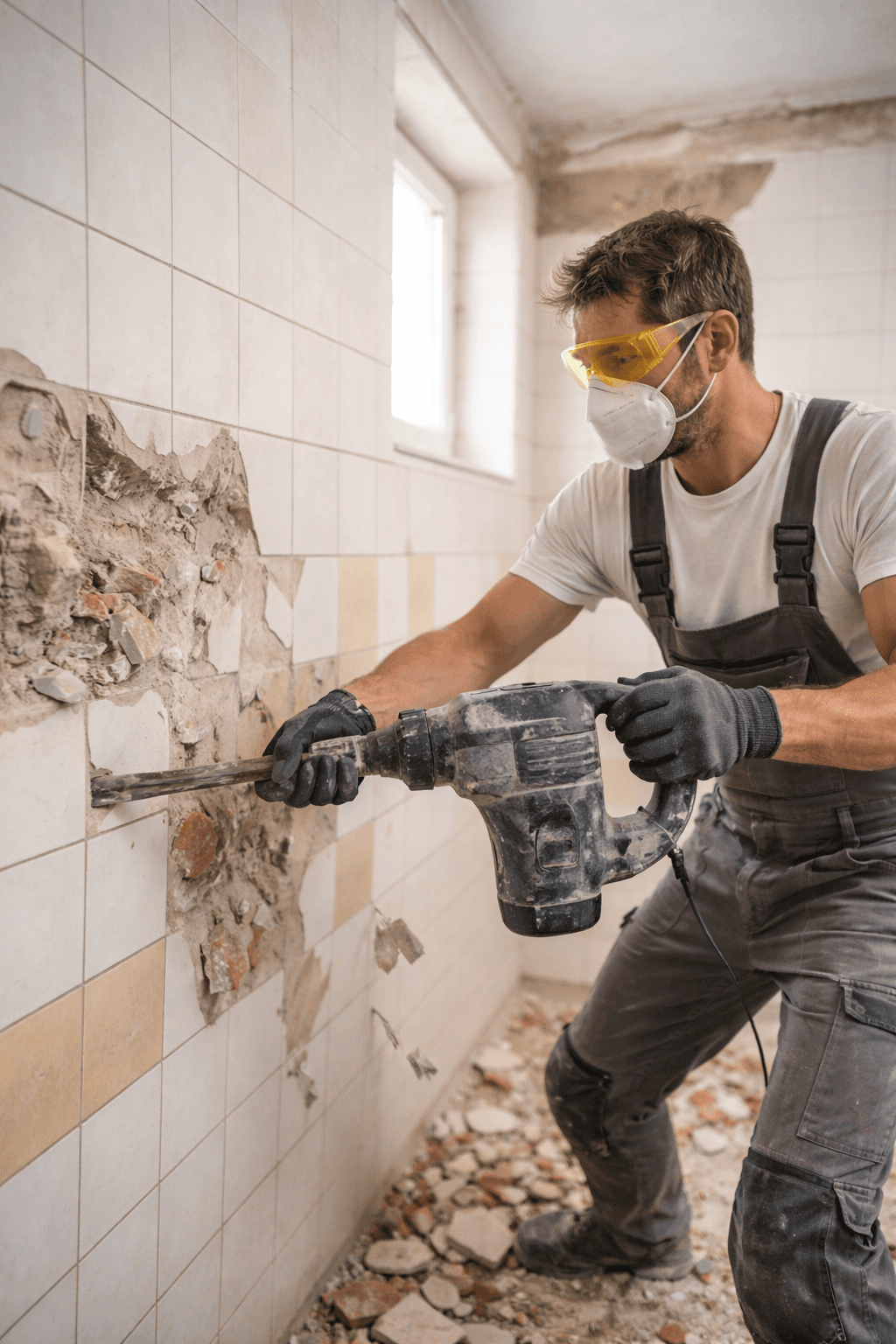 Arbeiter beim Entfernen alter Fliesen